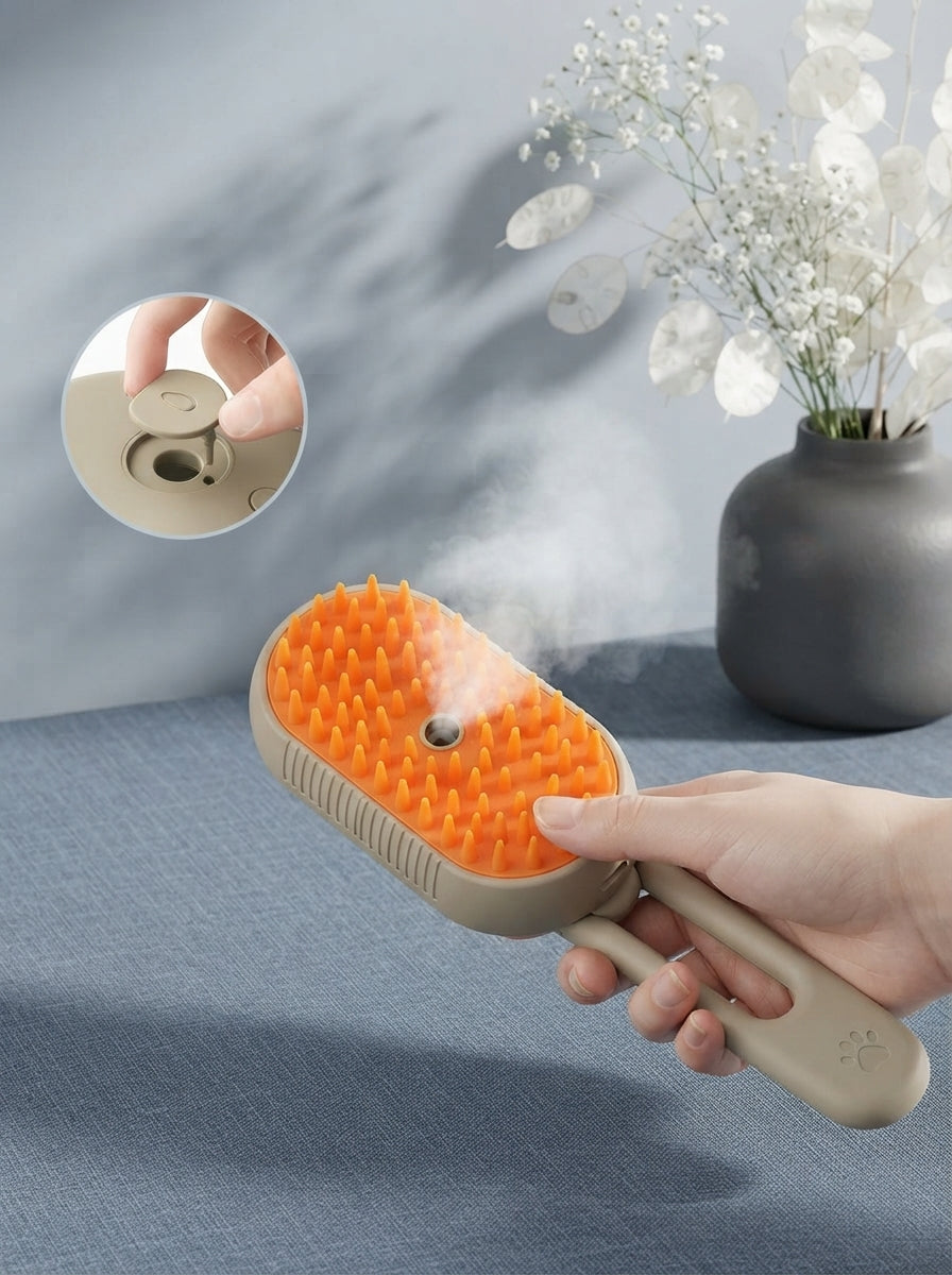 Electric steam grooming brush emitting a fine mist, resting on a slate blue surface with soft lighting.